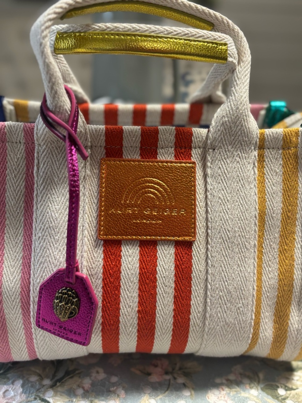 Kurt Geiger Striped Canvas Tote in Pink, Orange, Yellow & Green - Picture 16 of 16